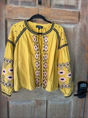 RDandKoko  Mustard Yellow Embroidered Tie-Front Peasant Blouse